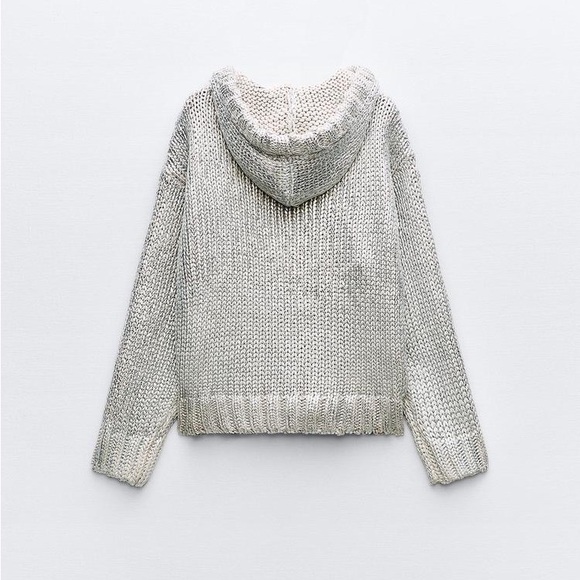 ZARA COTTON ZIP UP CARDIGAN SWEATER with HOOD RETRO MODERN CHIC Beige Silver L - Picture 9 of 11